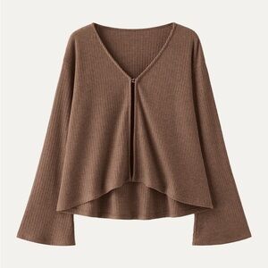 NWT OGL Brown V Neck Flare Long Sleeve Cardigan with Front Hook Closure, Large